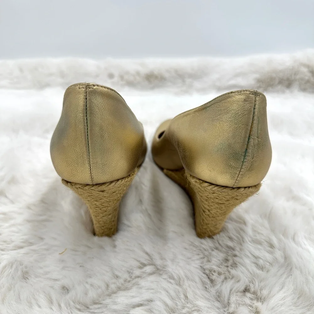 Lanvin Gold Metallic Leather Jute Wedge Sandals‎ Women’s 39 US 9